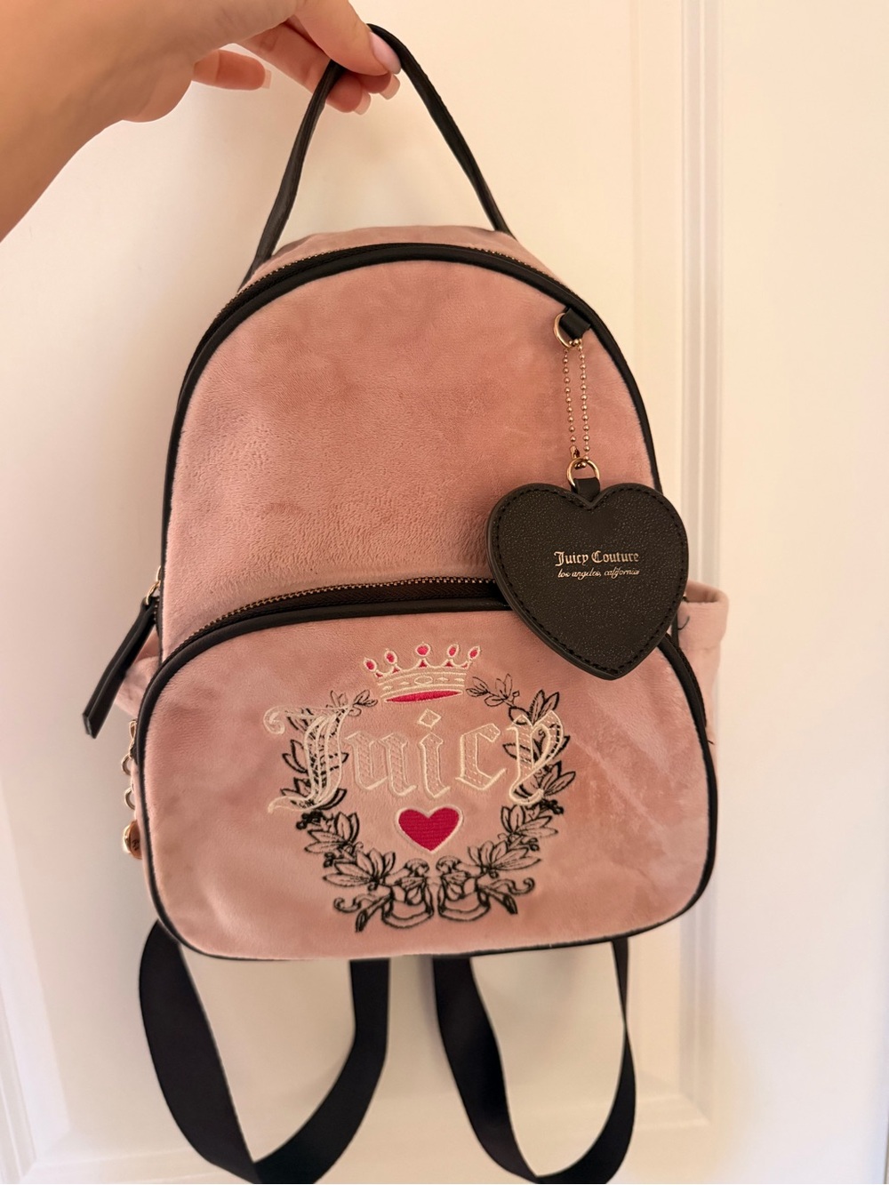 Juicy Couture Blush Pink Velvet Mini Backpack with Heart Tag